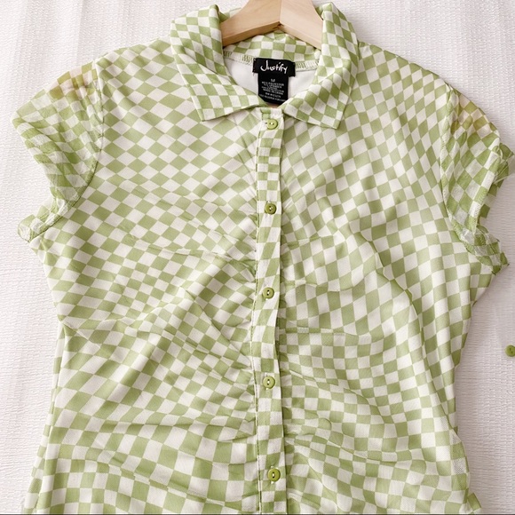 NWT Green & White Checkerboard Print Button Down Mesh Dress - Picture 5 of 12